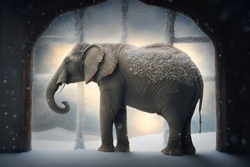 Fototapeta premium an elephant standing in front of a snow covered window.