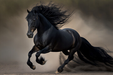 Obraz na płótnie Canvas a powerful black horse in full stride captured mid-journey