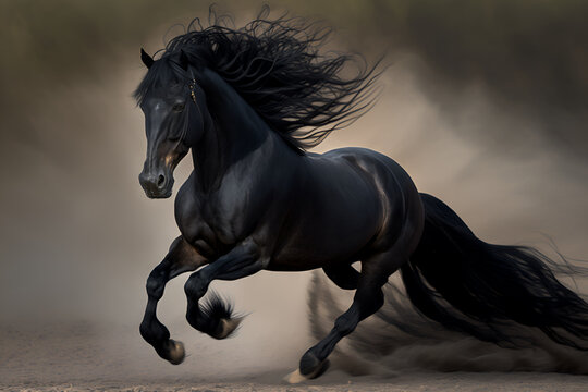  a powerful black horse in full stride captured mid-journey © Dinusha