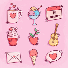 Set of colorful valentines doodle icons on pink background