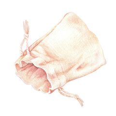 Watercolor illustration. Beige open fabric pouch. Empty aroma sachet. Isolated on a white background. Cloth bag