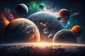 space age artwork. Beautiful composition of planets, galaxies, nebulas, and stars. fantastic for prints and wallpaper. This image's components were provided by NASA. Generative AI