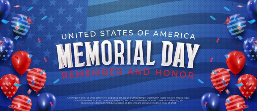 Text effect happy memorial day with flyng balloons and usa flag national american holiday event in blue background