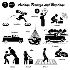 Stick figure human people man action, feelings, and emotions icons alphabet T. Transition, translate, transmit, transport, trap, traverse, trash, travel, tread, and treasure...