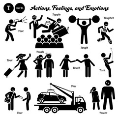 Stick figure human people man action, feelings, and emotions icons alphabet T. Toot, topple, tough, toughen, tour, tousle, touch, toss, tout, tow, and tower...