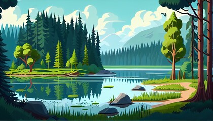 Beautiful mountain lake scenery with clear still water, mountain ridge, dense forest, meadow shores and tall pine trees in the foreground. cozy Illustration. Generative Ai