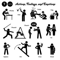 Fototapeta na wymiar Stick figure human people man action, feelings, and emotions icons alphabet T. Thump, tick, tickle, tidy, thwack, thwart, tie, tighten, tilt, time, and timid. ..
