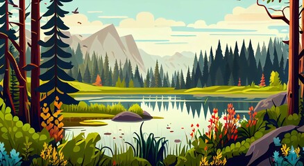 Obraz premium Beautiful mountain lake scenery with clear still water, mountain ridge, dense forest, meadow shores and tall pine trees in the foreground. cozy Illustration. Generative Ai