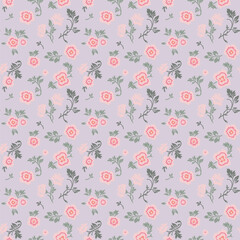 Seamless vintage pattern on a gray pink background. Small pink flowers with green leaves. Vector texture. Fashionable print for textiles and wallpaper.