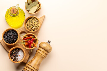 Various dried spices in small bowls