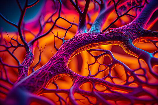 Macro view illustration of abstract blood vessels, capillaries, veins, arteries. Generative AI