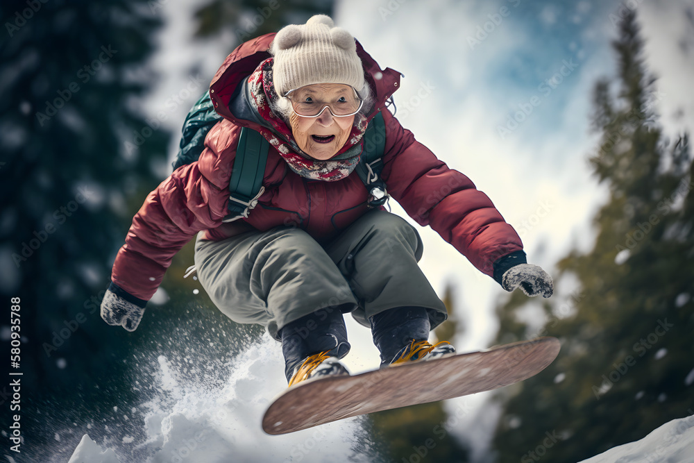 Wall mural elderly cheerful smiling cheerful grandmother bounces on a snowboard board on mountain slope. genera