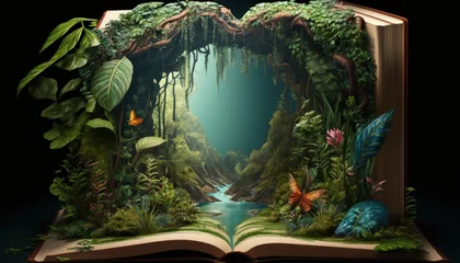 Zelfklevend Fotobehang Open book with fantasy forest and river on black background. Generative AI © LAYHONG