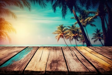 Tropical scenery and a wood table may be seen in the backdrop. Abstract natural background in the spring or summer. Generative AI - obrazy, fototapety, plakaty