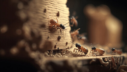 Macro illustration of a termite colony eating wood. Shallow depth of field.
