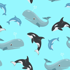 Cute sea animals seamless pattern. Sea life background. Vector flat cartoon illustration of funny dolphin, whale and orca.