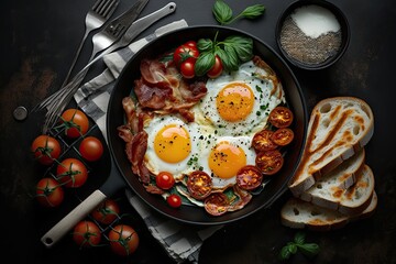 Pan of fried eggs, bacon and cherry tomatoes with bread on dark table surface, top view. Generative AI