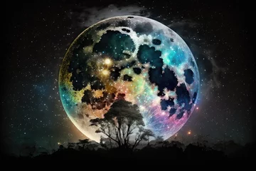 Abwaschbare Fototapete Vollmond und Bäume Full moon and stars cast an iridescent radiance on the night sky. Generative AI