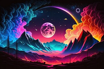 Fototapeta na wymiar Abstract neon space landscape dream. Month and moon, mountains, fog, and star nebulae. Realistic fantasy setting zodiac signs, silhouettes, and horoscopes. illustration. Generative AI