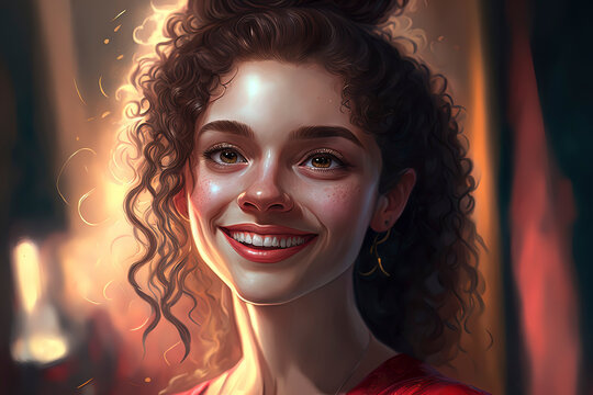 Radiant college-aged girl with stunning cream-colored skin and curly brown hair wearing a glittery red dress and choker. AI-Generated