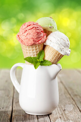 Various ice cream in waffle cones