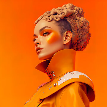 Beautiful Polish android model, with Alabaster hair, facing right, vibrant-orange background. AI-Generated