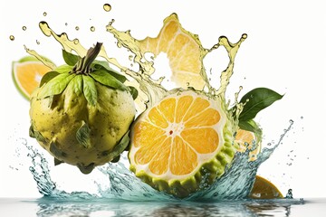 On a white background, there are ripe, new bergamot fruits and splashing water. Generative AI - obrazy, fototapety, plakaty