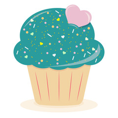 Delicious cartoon bright colorful cupcake with big cream, hearts, flowers, fruits and berries. Cupcake for cards and invitations. Vector illustration dessert.