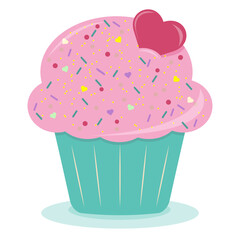 Delicious cartoon bright colorful cupcake with big cream, hearts, flowers, fruits and berries. Cupcake for cards and invitations. Vector illustration dessert.