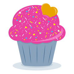 Delicious cartoon bright colorful cupcake with big cream, hearts, flowers, fruits and berries. Cupcake for cards and invitations. Vector illustration dessert.