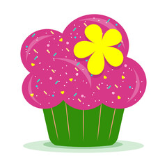 Delicious cartoon bright colorful cupcake with big cream, hearts, flowers, fruits and berries. Cupcake for cards and invitations. Vector illustration dessert.