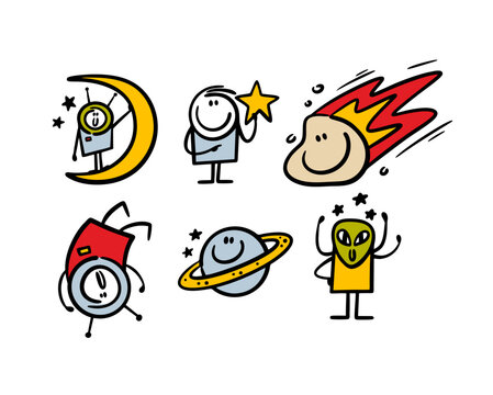Cartoon set of outer space characters and planets illustrations with astronaut, comet, alien, moon.