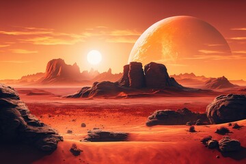 on planet scenery Mars is a beautiful red planet with a desert and rocks. Over the horizon, the sun emerges. Sunrise. alien environment This image's components were provided by NASA. Generative AI