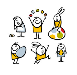 Set of cartoon illustrations of people, eggs hunting and bunny rabbits for Easter holiday.