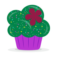Delicious cartoon bright colorful cupcake with big cream, hearts, flowers, fruits and berries. Cupcake for cards and invitations. Vector illustration dessert.