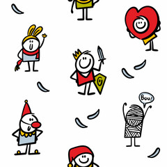 Seamless pattern with cartoon children in costumes and masks at masquerade holiday.