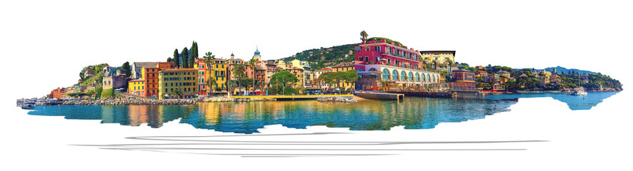 Fototapeta na wymiar Collage about architecture and beach of Santa Margherita Ligure - popular touristic destination in summer at Italy
