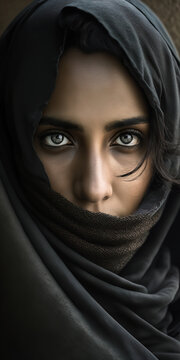 A close-up portrait of a Middle Eastern woman wearing a black niqab hijab with bokeh mountains in the background. AI-Generated