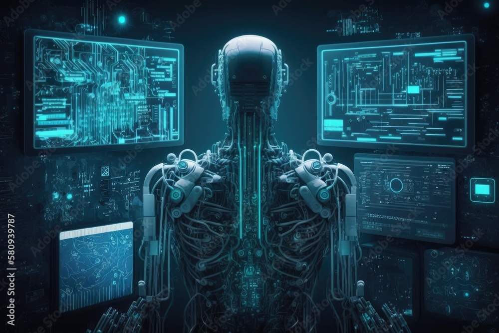 Poster background in digital and technology abstraction. artificial intelligence research in a lab setting.