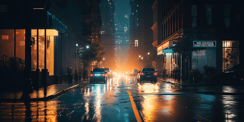 Fototapeta na wymiar new York city street at night, wet street. AI-Generated