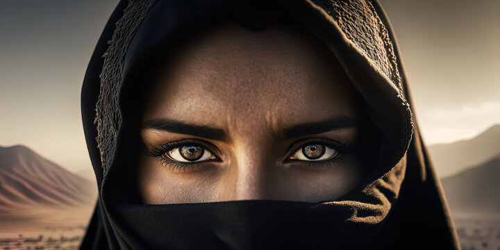 Middle Eastern woman wearing a black niqab hijab looks straight into the camera with slight sorrow. AI-Generated