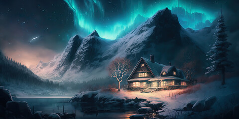 fantastical fantasy northern lights, beautiful winter scene. AI-Generated