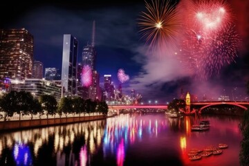 Melbourne City fireworks over the Yarra River. Generative AI