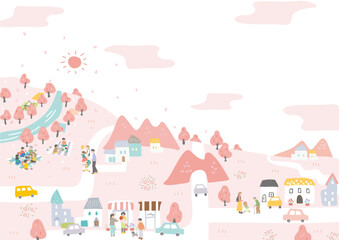 人々でにぎわい桜舞う街並みイラスト