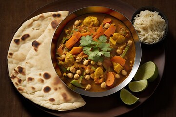 Combine a bean, carrot, potato, and coriander topped vegetable curry with chapati and onions for an Indian meal. Generative AI - obrazy, fototapety, plakaty