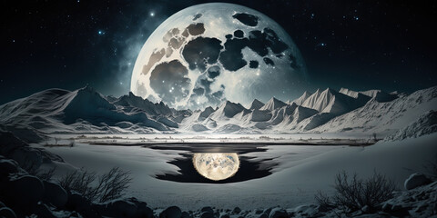 Vast snowy landscape, huge full moon, starry sky, slightly cloudy. AI-Generated