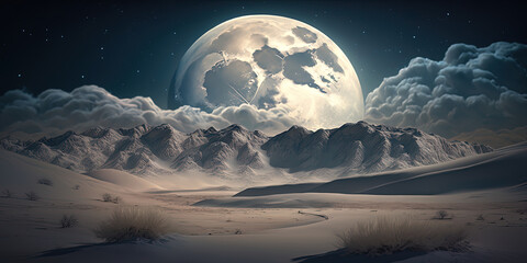 Vast snowy landscape, huge full moon, starry sky, slightly cloudy. AI-Generated