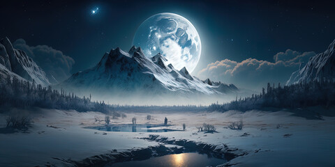 Vast snowy landscape, huge full moon, starry sky, slightly cloudy. AI-Generated