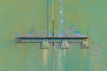 Close-up steel deadbolt on a green garage door
