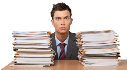 Portrait of a Serious Employee with Stack of Folders
